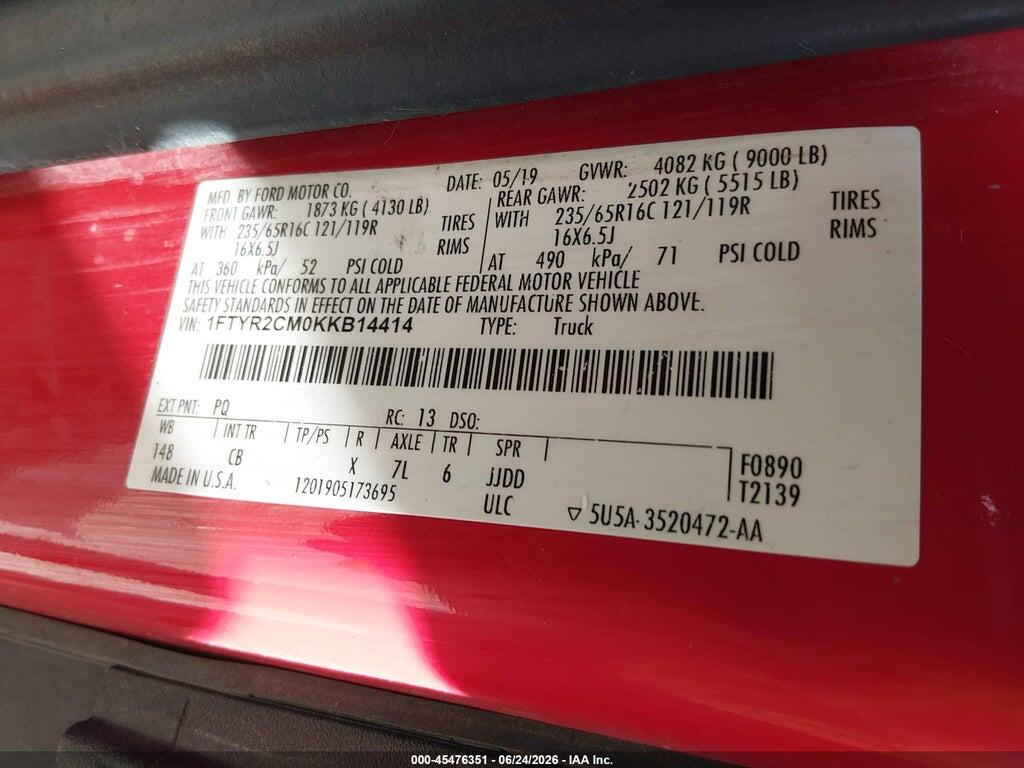 1FTYR2CM0KKB14414 2019 FORD TRANSIT-250 photo no. 9