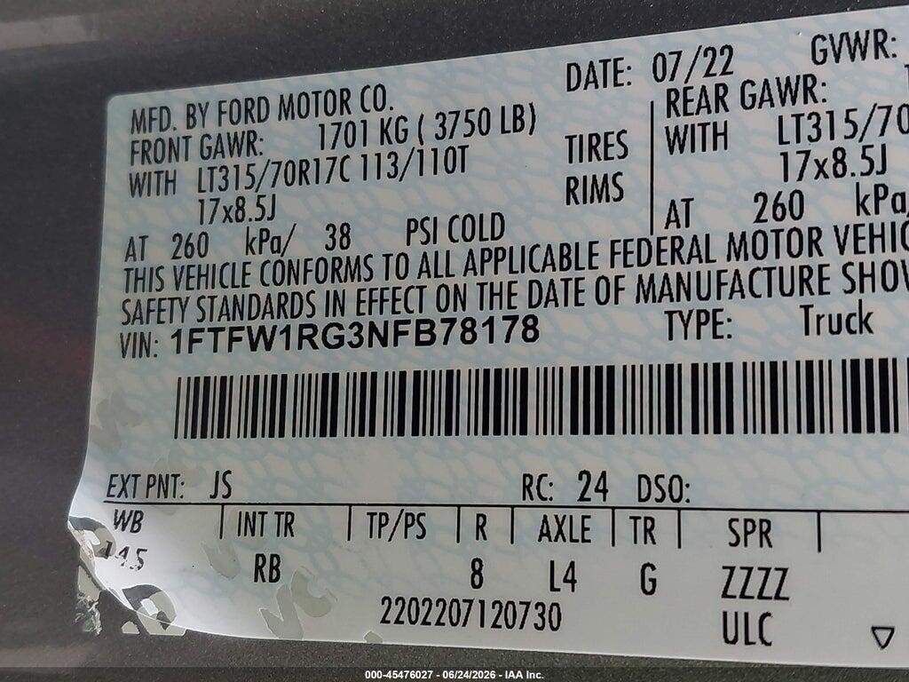 1FTFW1RG3NFB78178 2022 FORD F-150 photo no. 9