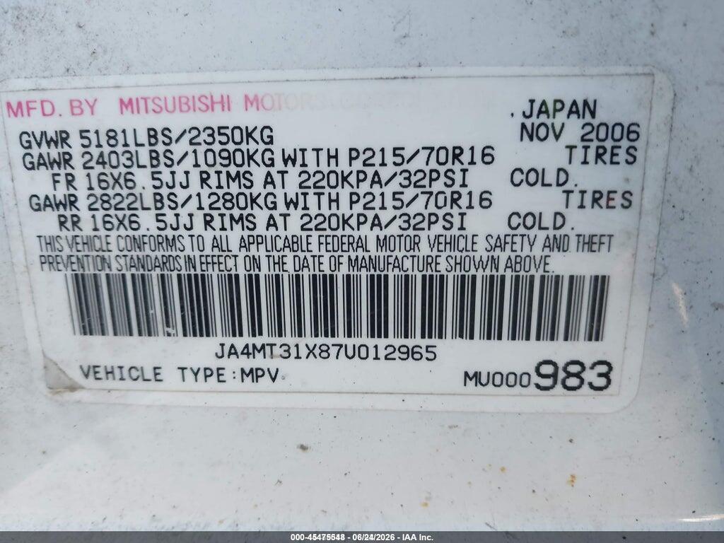 JA4MT31X87U012965 2007 MITSUBISHI OUTLANDER photo no. 9