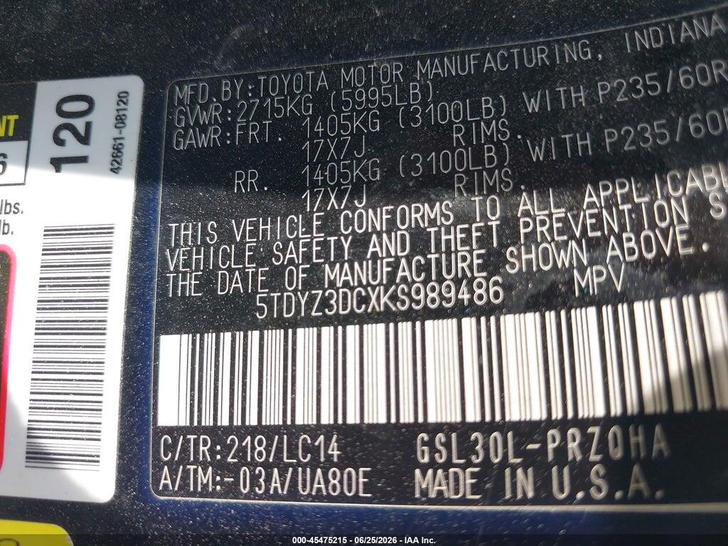 5TDYZ3DCXKS989486 2019 TOYOTA SIENNA photo no. 9