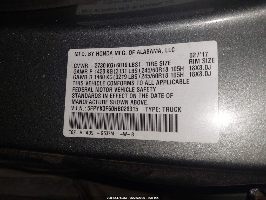 5FPYK3F60HB028315 2017 HONDA RIDGELINE photo no. 9