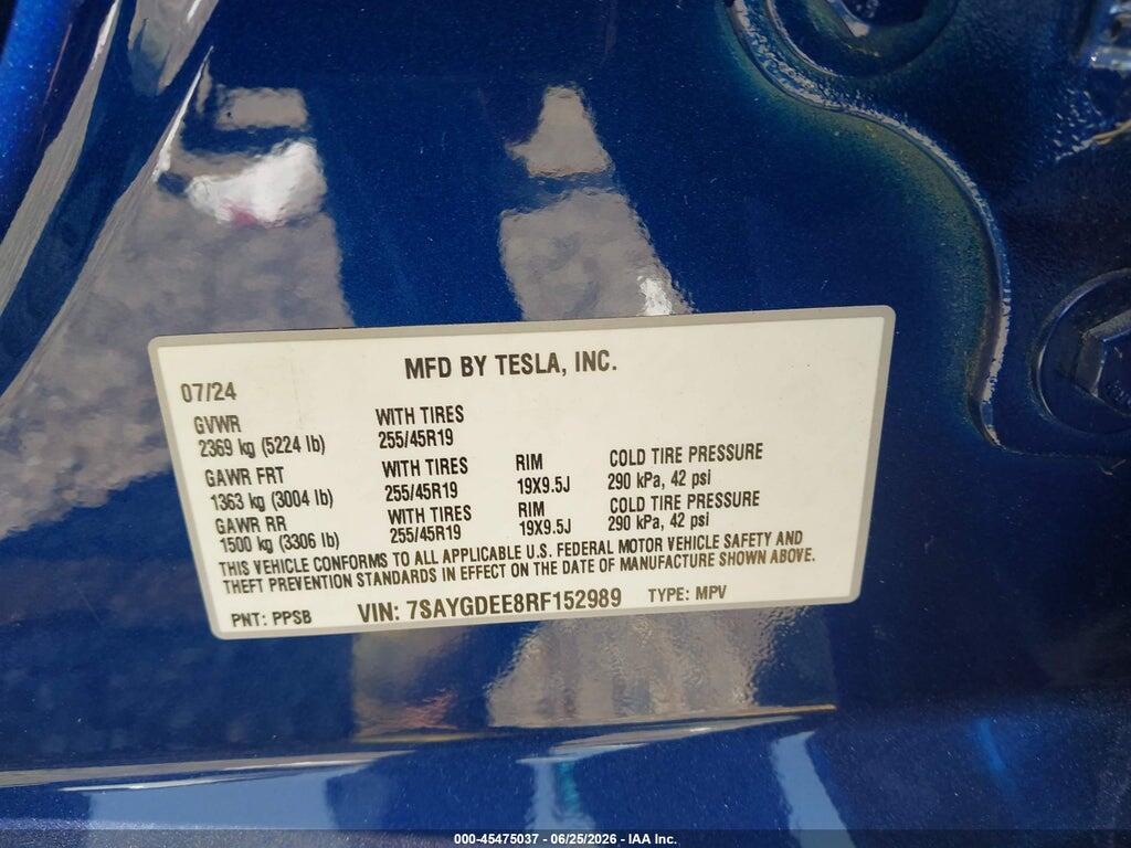 7SAYGDEE8RF152989 2024 TESLA MODEL Y photo no. 9