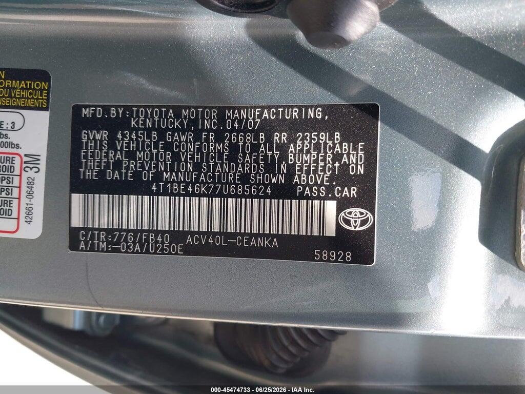 4T1BE46K77U685624 2007 TOYOTA CAMRY photo no. 9