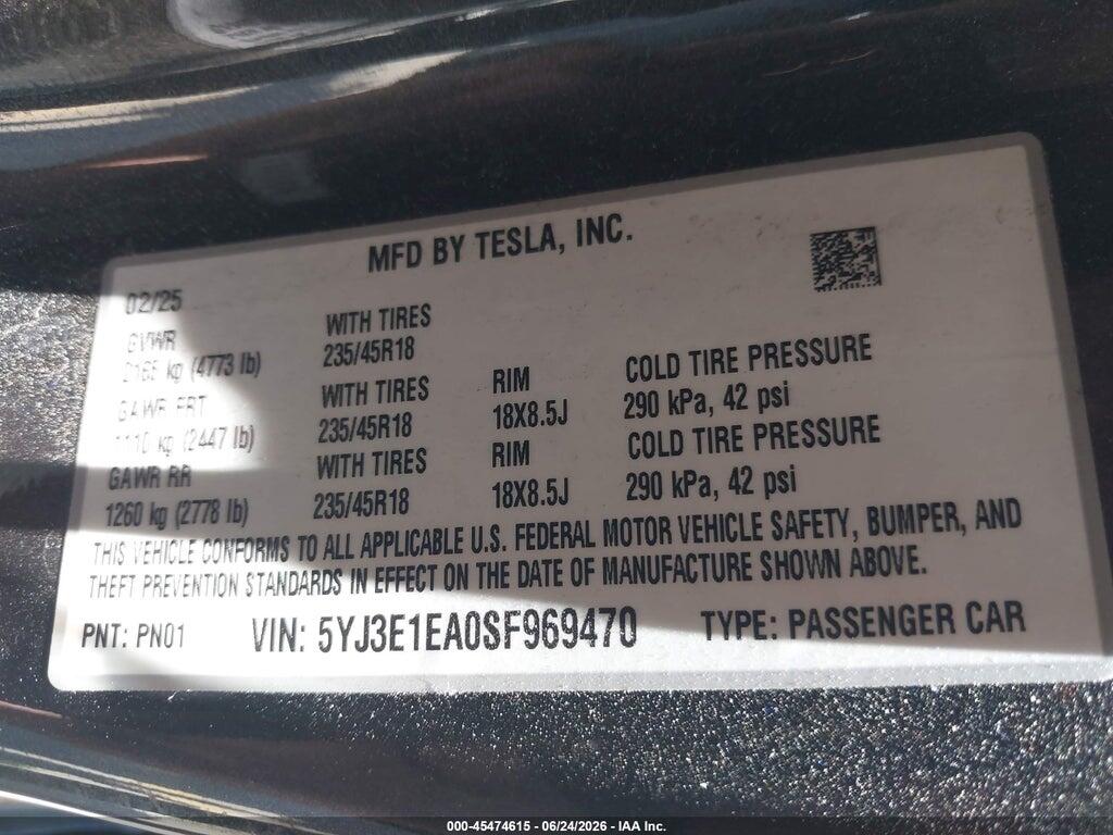 5YJ3E1EA0SF969470 2025 TESLA MODEL 3 photo no. 9