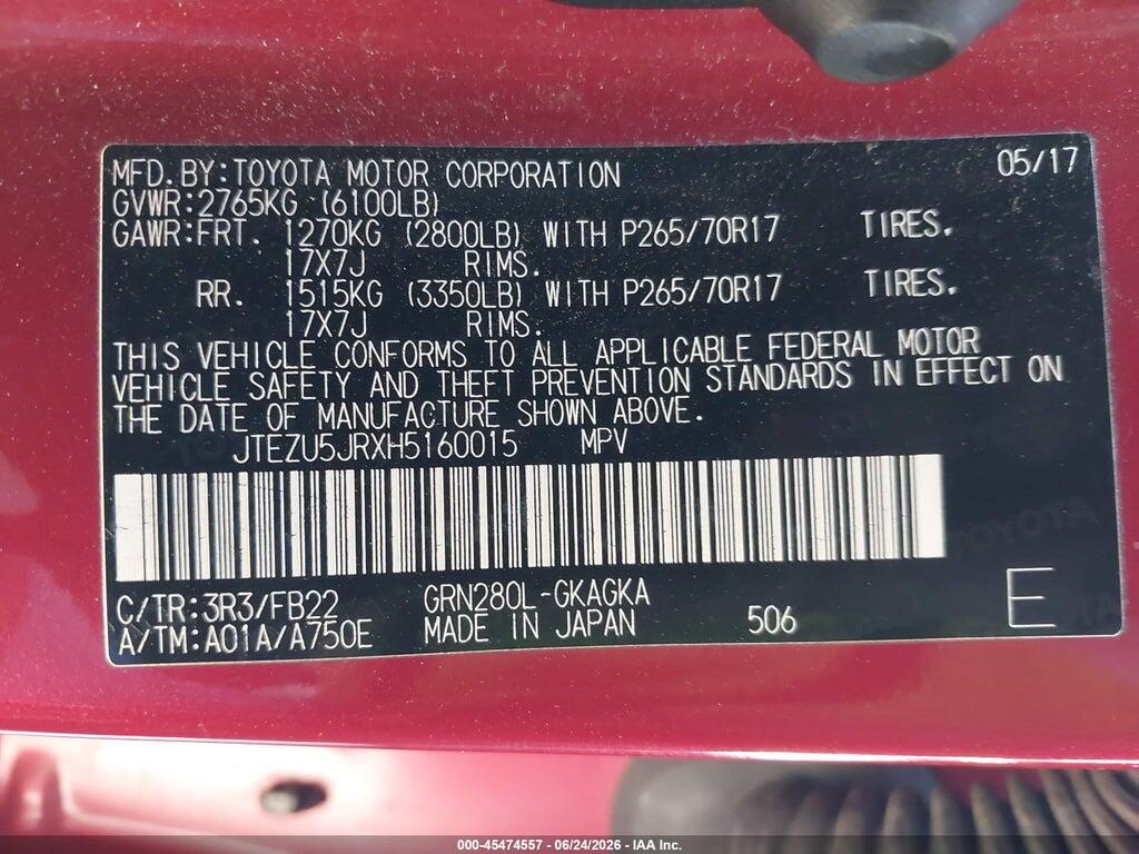 JTEZU5JRXH5160015 2017 TOYOTA 4RUNNER photo no. 9