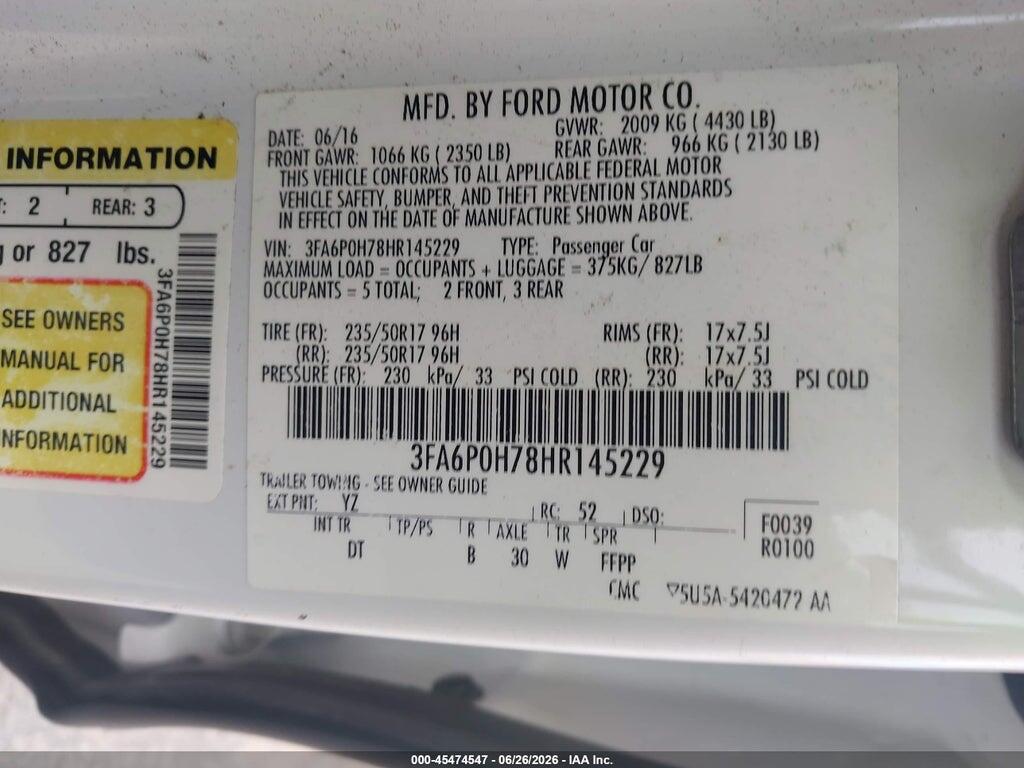 3FA6P0H78HR145229 2017 FORD FUSION photo no. 9