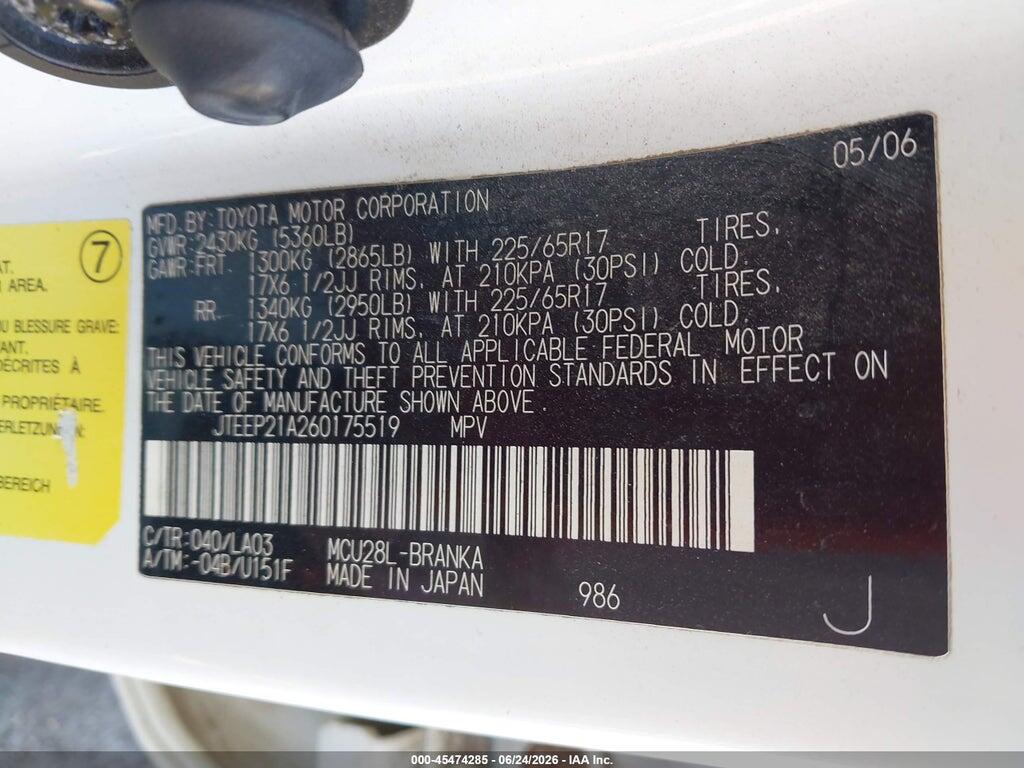 JTEEP21A260175519 2006 TOYOTA HIGHLANDER photo no. 9