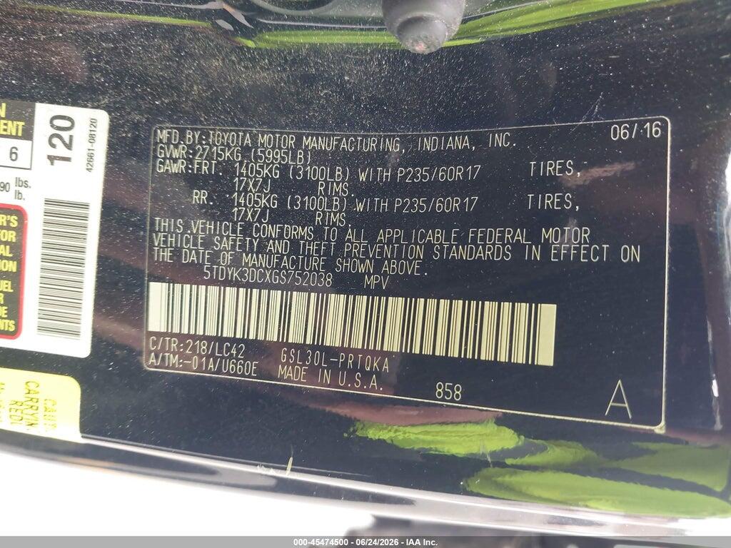 5TDYK3DCXGS752038 2016 TOYOTA SIENNA photo no. 9