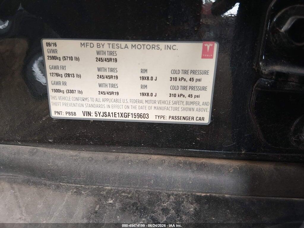 5YJSA1E1XGF159603 2016 TESLA MODEL S photo no. 9