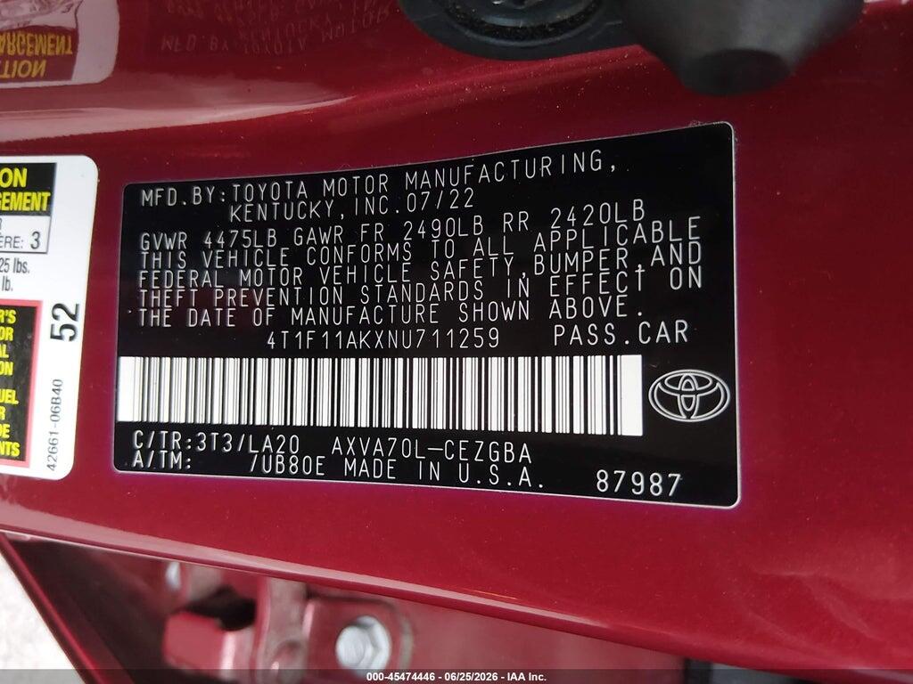 4T1F11AKXNU711259 2022 TOYOTA CAMRY photo no. 9