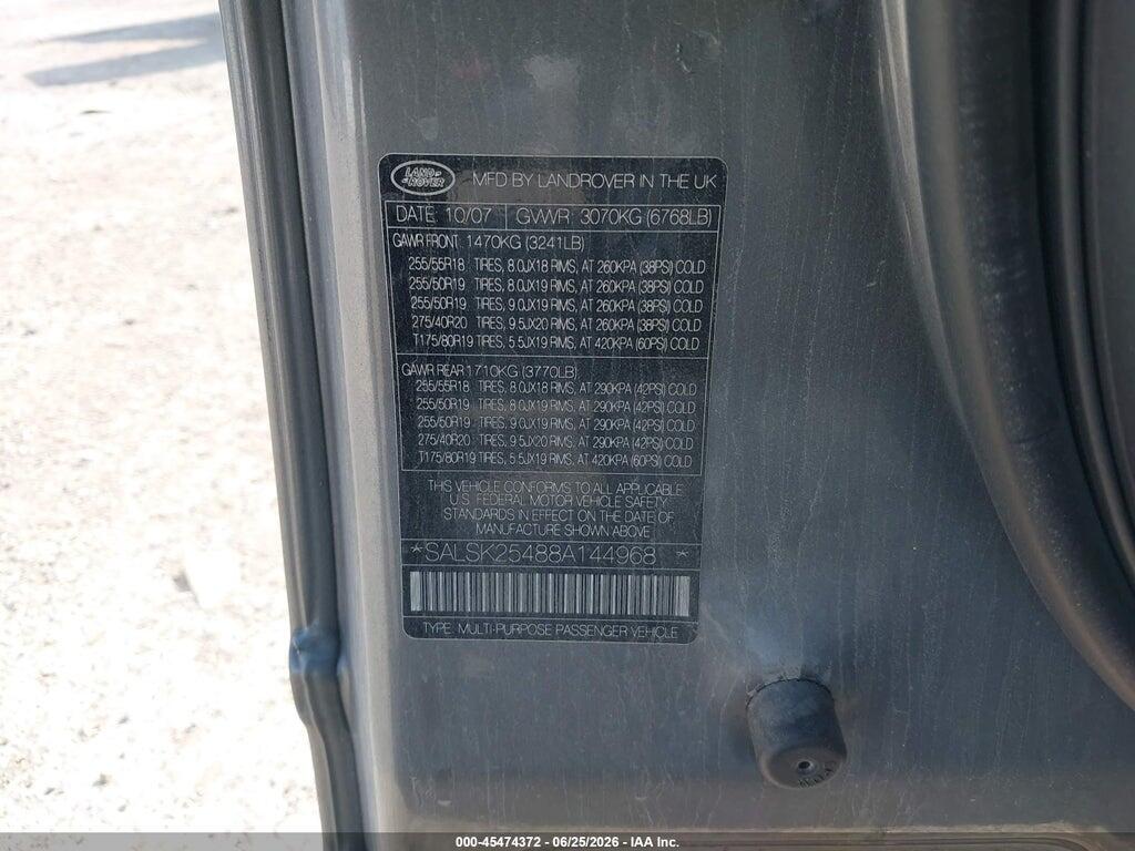SALSK25488A144968 2008 LAND ROVER RANGE ROVER SPORT photo no. 9