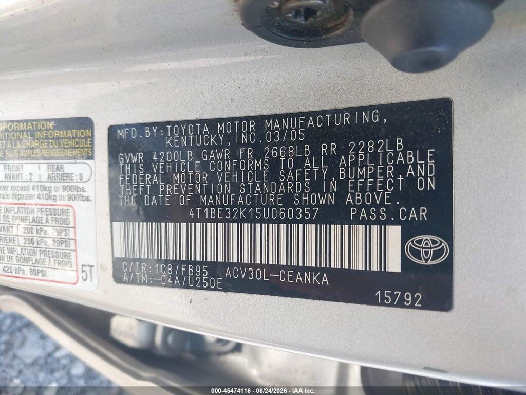 4T1BE32K15U060357 2005 TOYOTA CAMRY photo no. 9