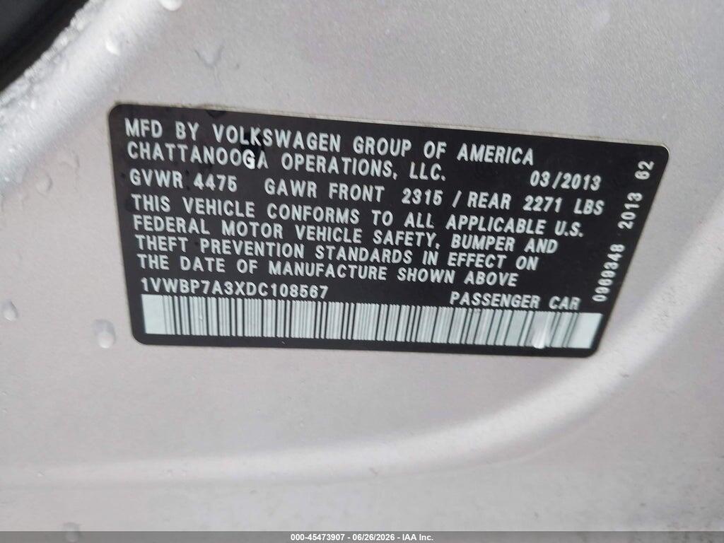1VWBP7A3XDC108567 2013 VOLKSWAGEN PASSAT photo no. 9