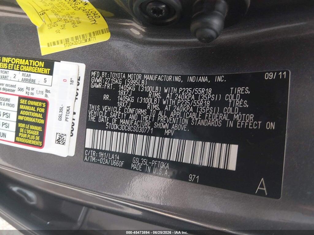 5TDDK3DC8CS030771 2012 TOYOTA SIENNA photo no. 9