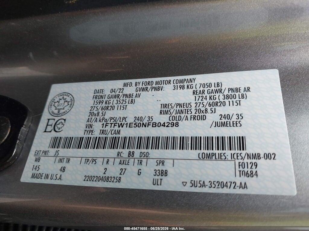 1FTFW1E50NFB04298 2022 FORD F-150 photo no. 9