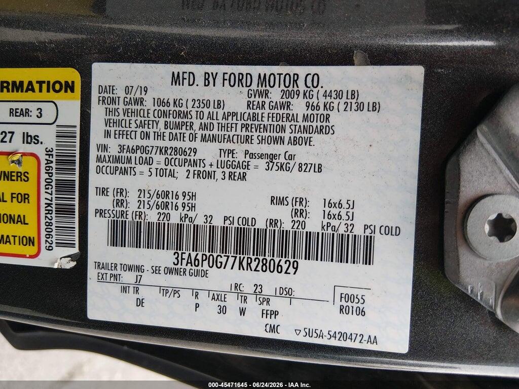 3FA6P0G77KR280629 2019 FORD FUSION photo no. 9