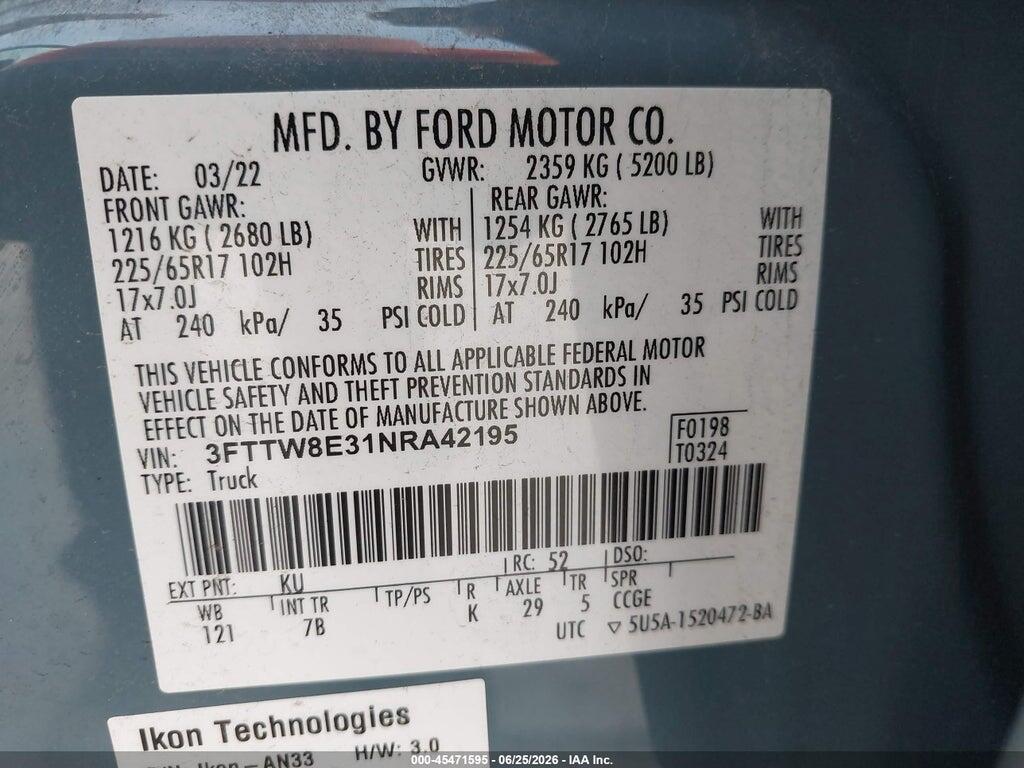 3FTTW8E31NRA42195 2022 FORD MAVERICK photo no. 9