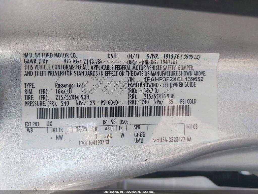 1FAHP3F2XCL139652 2012 FORD FOCUS photo no. 9