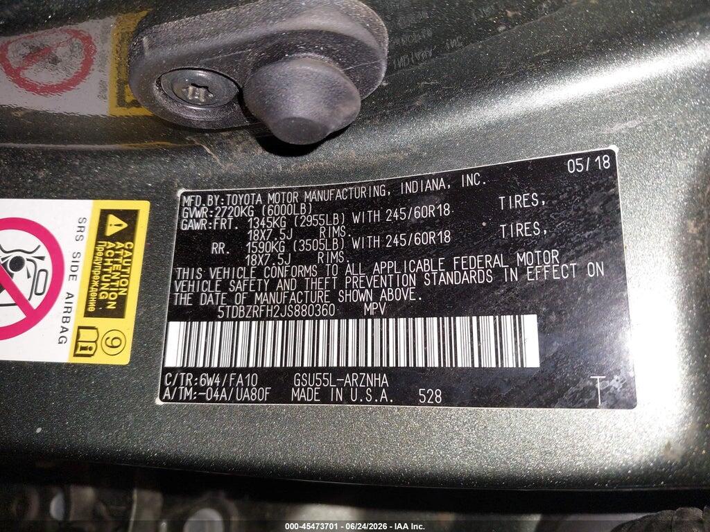 5TDBZRFH2JS880360 2018 TOYOTA HIGHLANDER photo no. 9