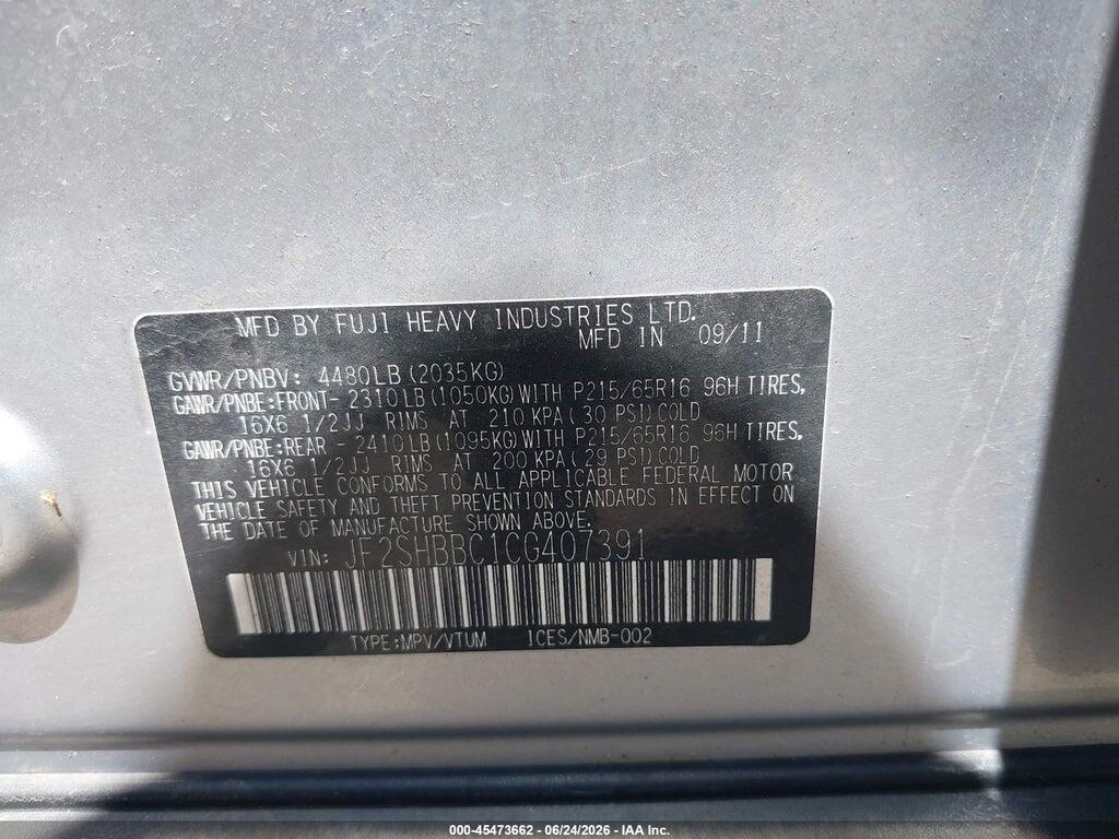 JF2SHBBC1CG407391 2012 SUBARU FORESTER photo no. 9