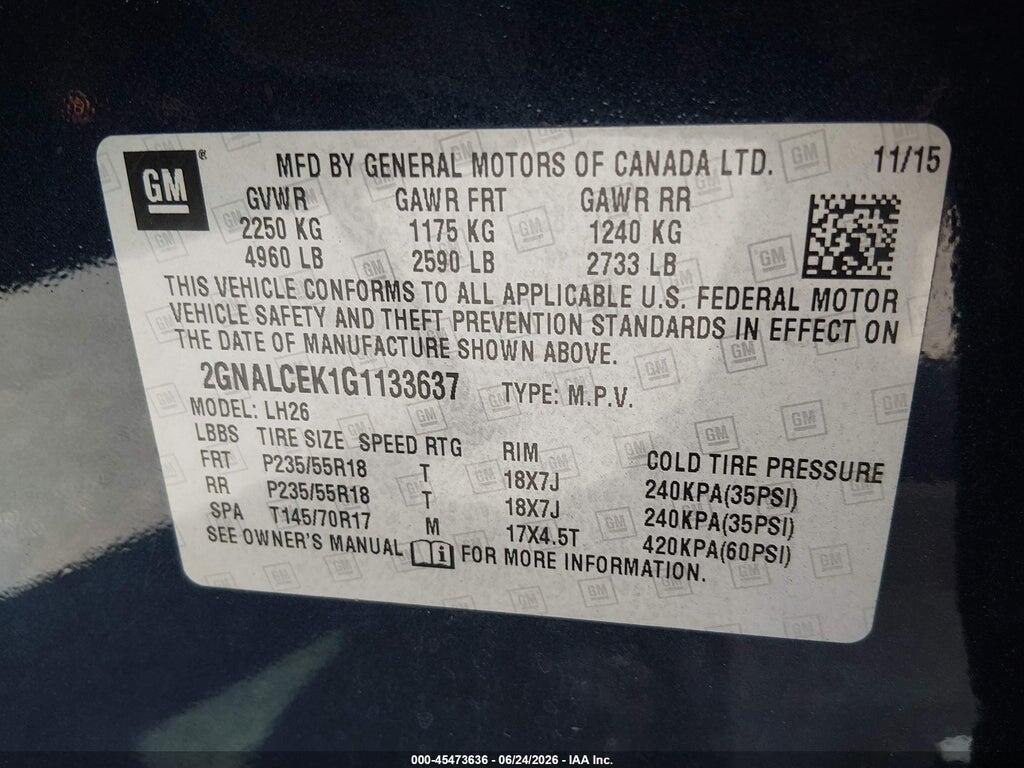 2GNALCEK1G1133637 2016 CHEVROLET EQUINOX photo no. 9