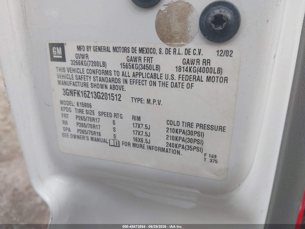 3GNFK16Z13G201512 2003 CHEVROLET SUBURBAN 1500 photo no. 9