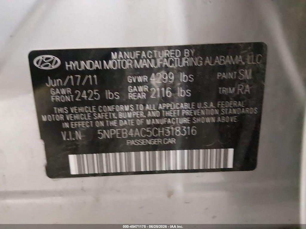 5NPEB4AC5CH318316 2012 HYUNDAI SONATA photo no. 9