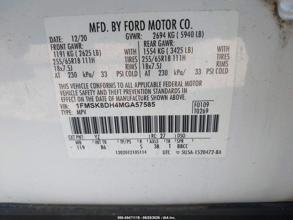 1FMSK8DH4MGA57585 2021 FORD EXPLORER photo no. 9