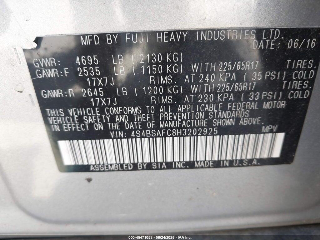 4S4BSAFC8H3202925 2017 SUBARU OUTBACK photo no. 9