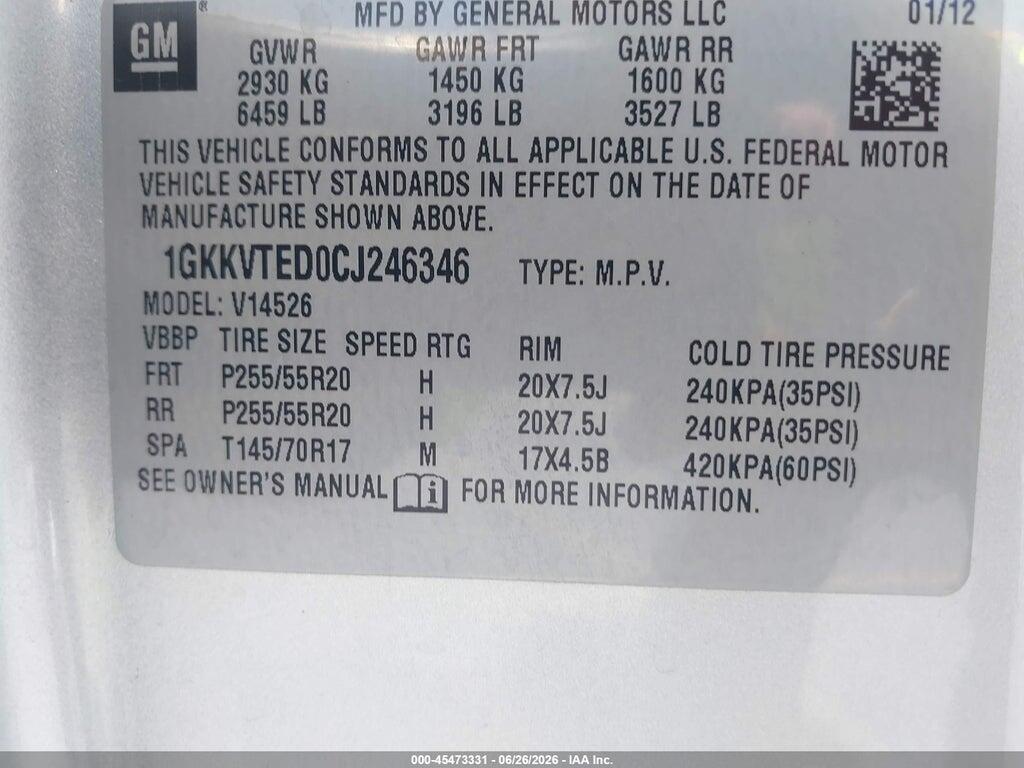 1GKKVTED0CJ246346 2012 GMC ACADIA photo no. 9