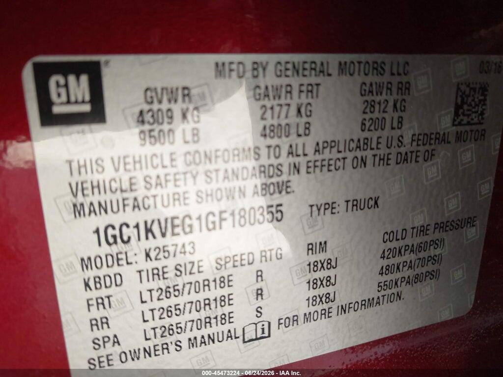 1GC1KVEG1GF180355 2016 CHEVROLET SILVERADO 2500HD photo no. 9