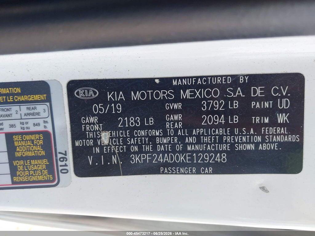 3KPF24AD0KE129248 2019 KIA FORTE photo no. 9