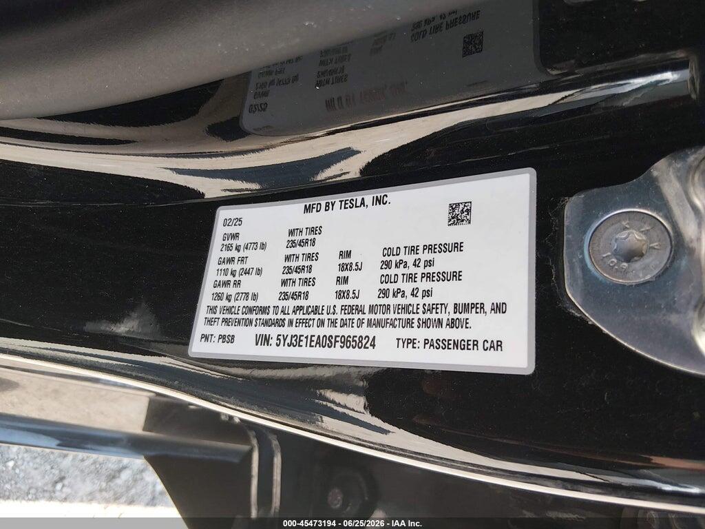 5YJ3E1EA0SF965824 2025 TESLA MODEL 3 photo no. 9