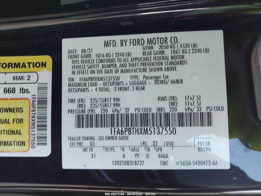 1FA6P8THXM5137550 2021 FORD MUSTANG photo no. 9