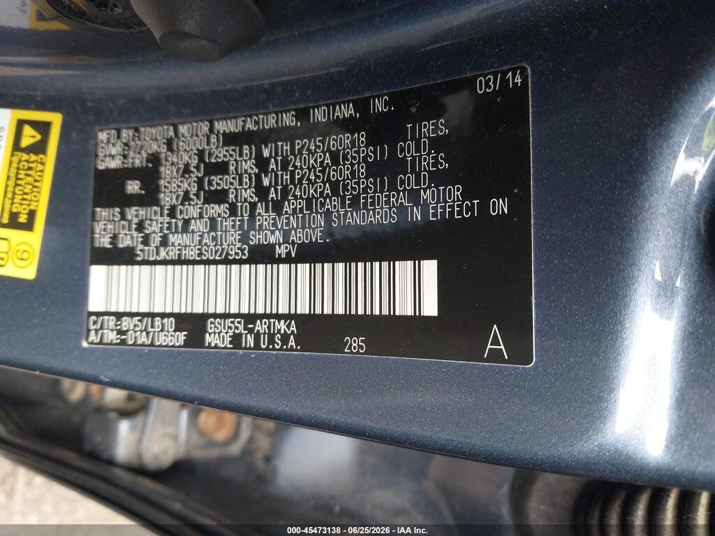 5TDJKRFH8ES027953 2014 TOYOTA HIGHLANDER photo no. 9