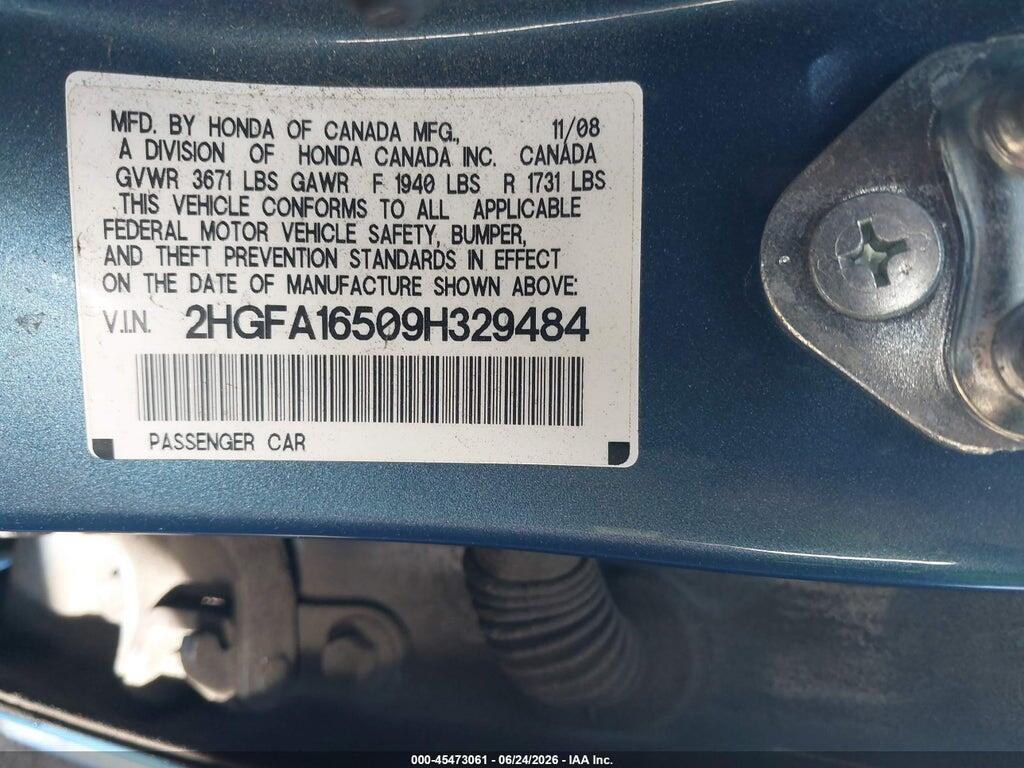 2HGFA16509H329484 2009 HONDA CIVIC photo no. 9