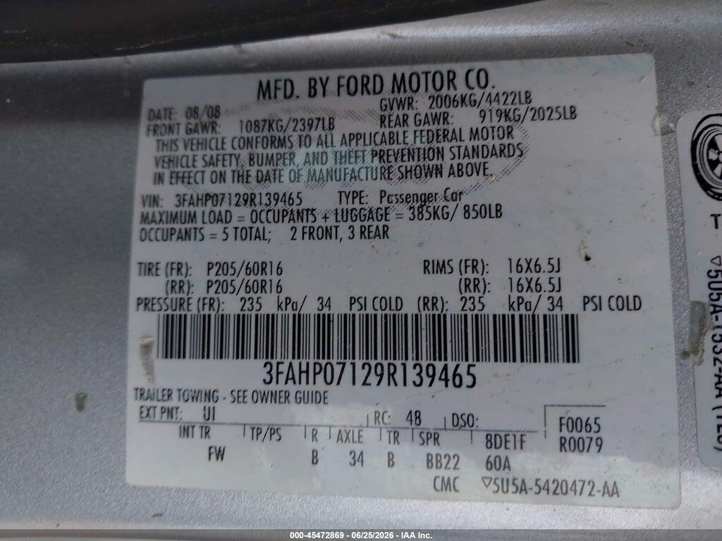 3FAHP07129R139465 2009 FORD FUSION photo no. 9