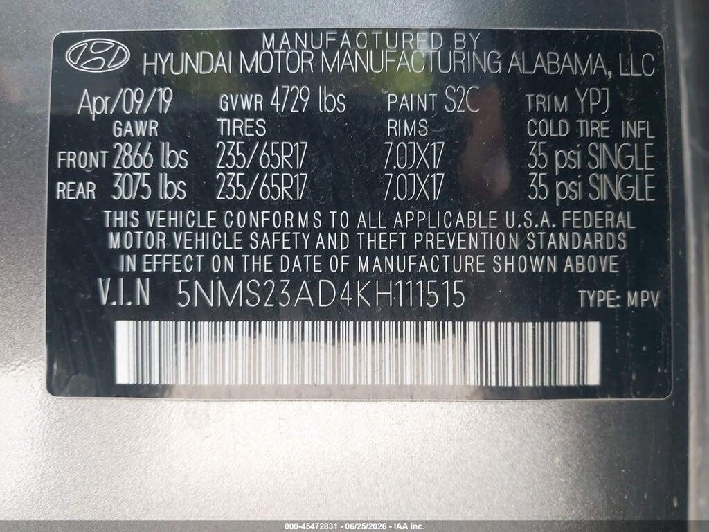 5NMS23AD4KH111515 2019 HYUNDAI SANTA FE photo no. 9