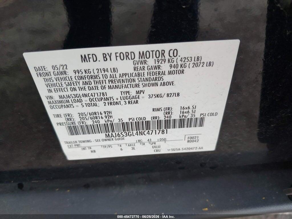 MAJ6S3GL4NC471781 2022 FORD ECOSPORT photo no. 9