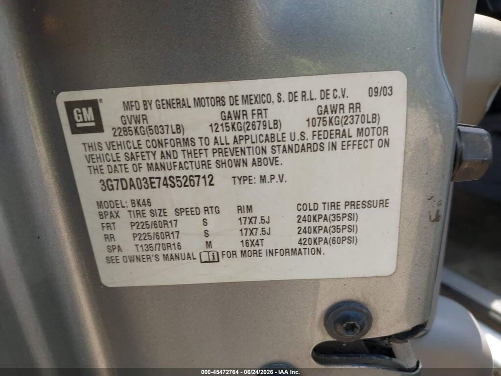 3G7DA03E74S526712 2004 PONTIAC AZTEK photo no. 9