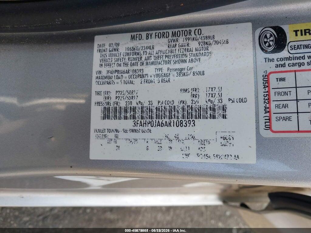 3FAHP0JA6AR108393 2010 FORD FUSION photo no. 9