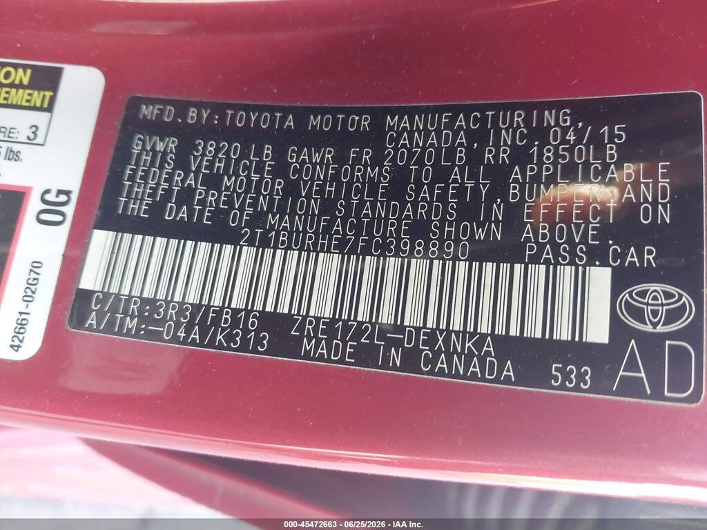 2T1BURHE7FC398890 2015 TOYOTA COROLLA photo no. 9