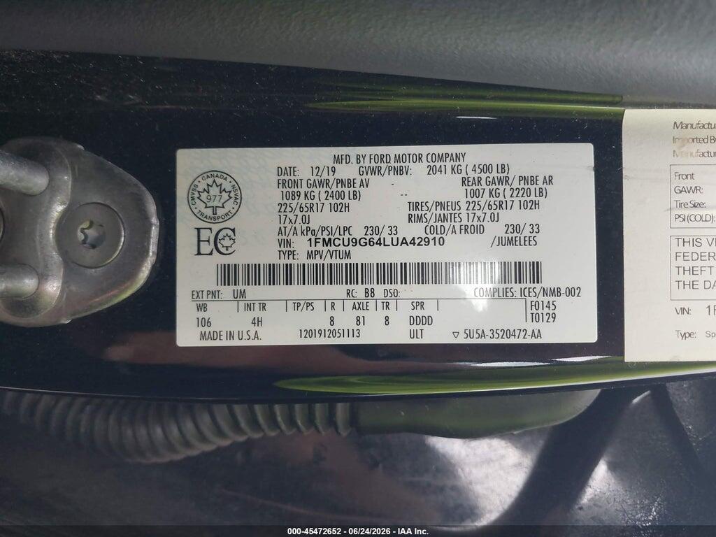 1FMCU9G64LUA42910 2020 FORD ESCAPE photo no. 9
