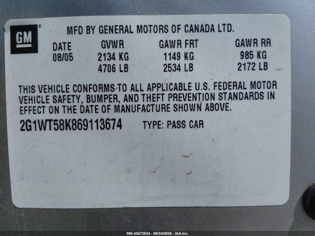 2G1WT58K869113674 2006 CHEVROLET IMPALA photo no. 9