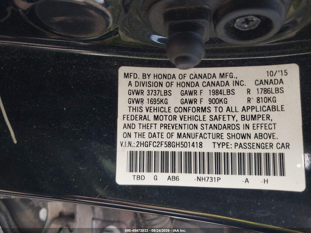 2HGFC2F58GH501418 2016 HONDA CIVIC photo no. 9