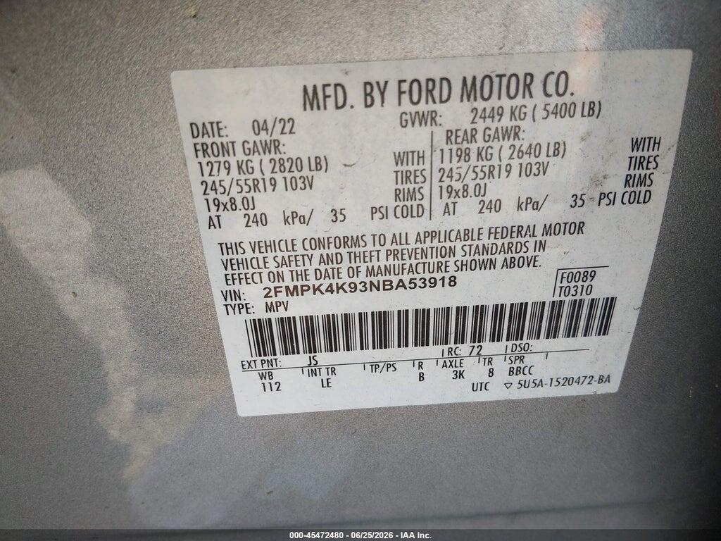 2FMPK4K93NBA53918 2022 FORD EDGE photo no. 9