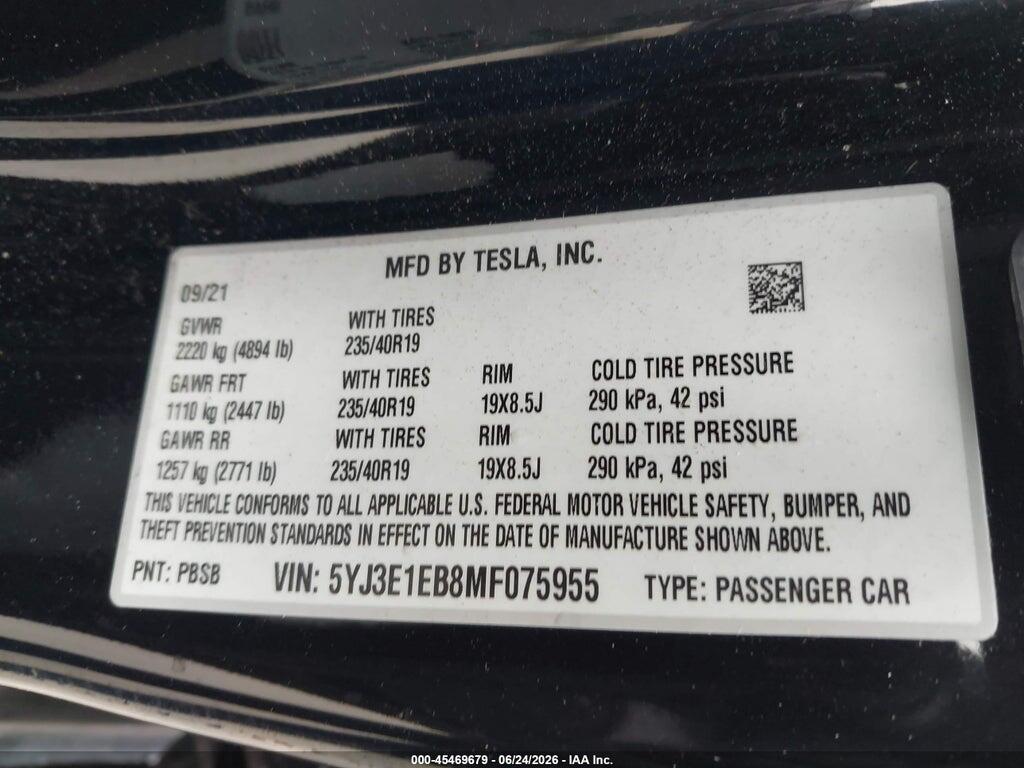 5YJ3E1EB8MF075955 2021 TESLA MODEL 3 photo no. 9