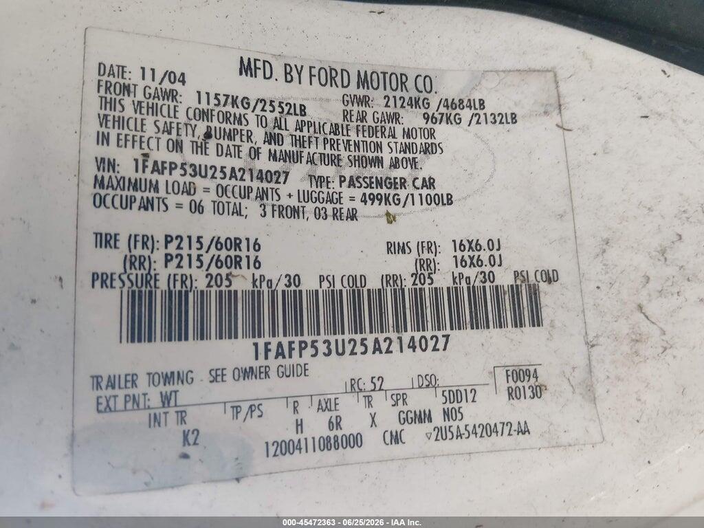 1FAFP53U25A214027 2005 FORD TAURUS photo no. 9
