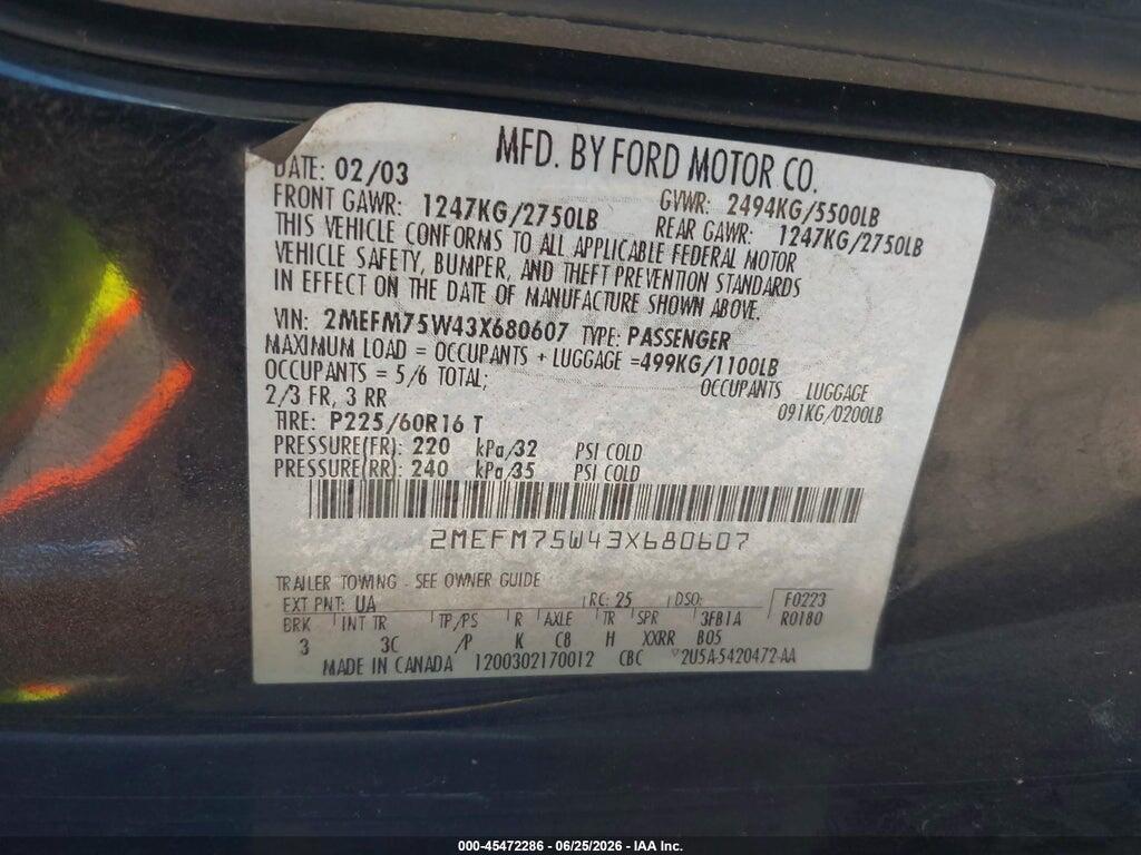 2MEFM75W43X680607 2003 MERCURY GRAND MARQUIS photo no. 9