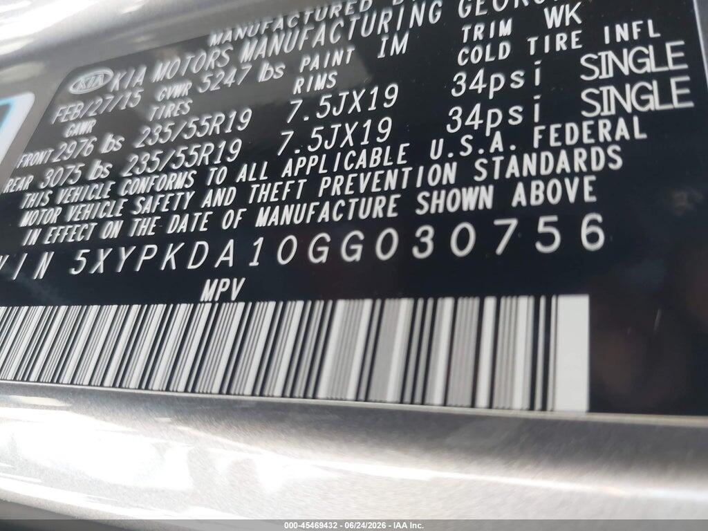 5XYPKDA10GG030756 2016 KIA SORENTO photo no. 9